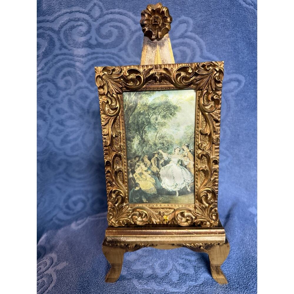 Vintage Italian Florentine Gilt Easel Picture Hollywood Regency Rococo Textile